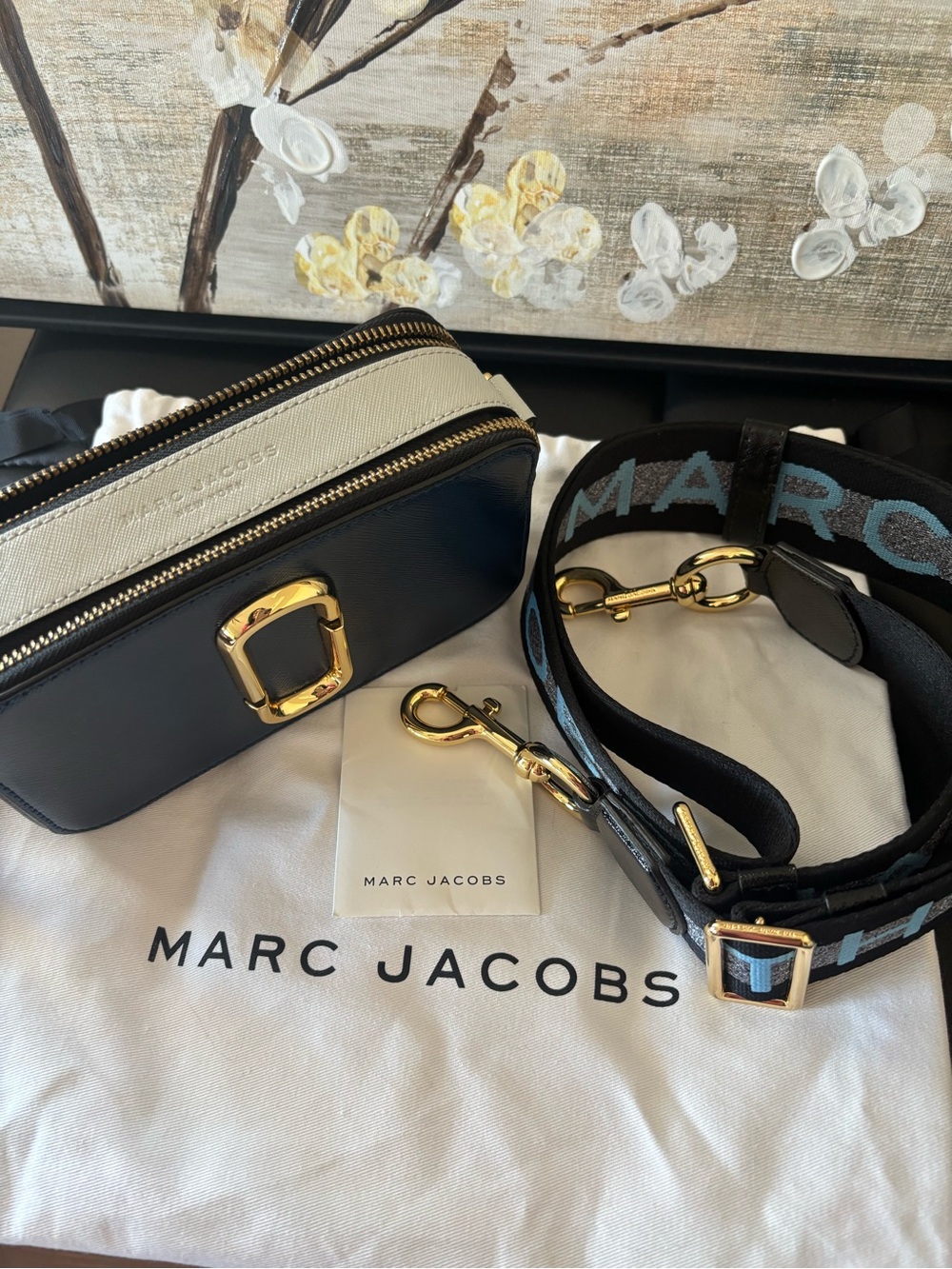 Marc Jacobs Blue, Gray and Black Leather Camera Crossbody with Logo Strap